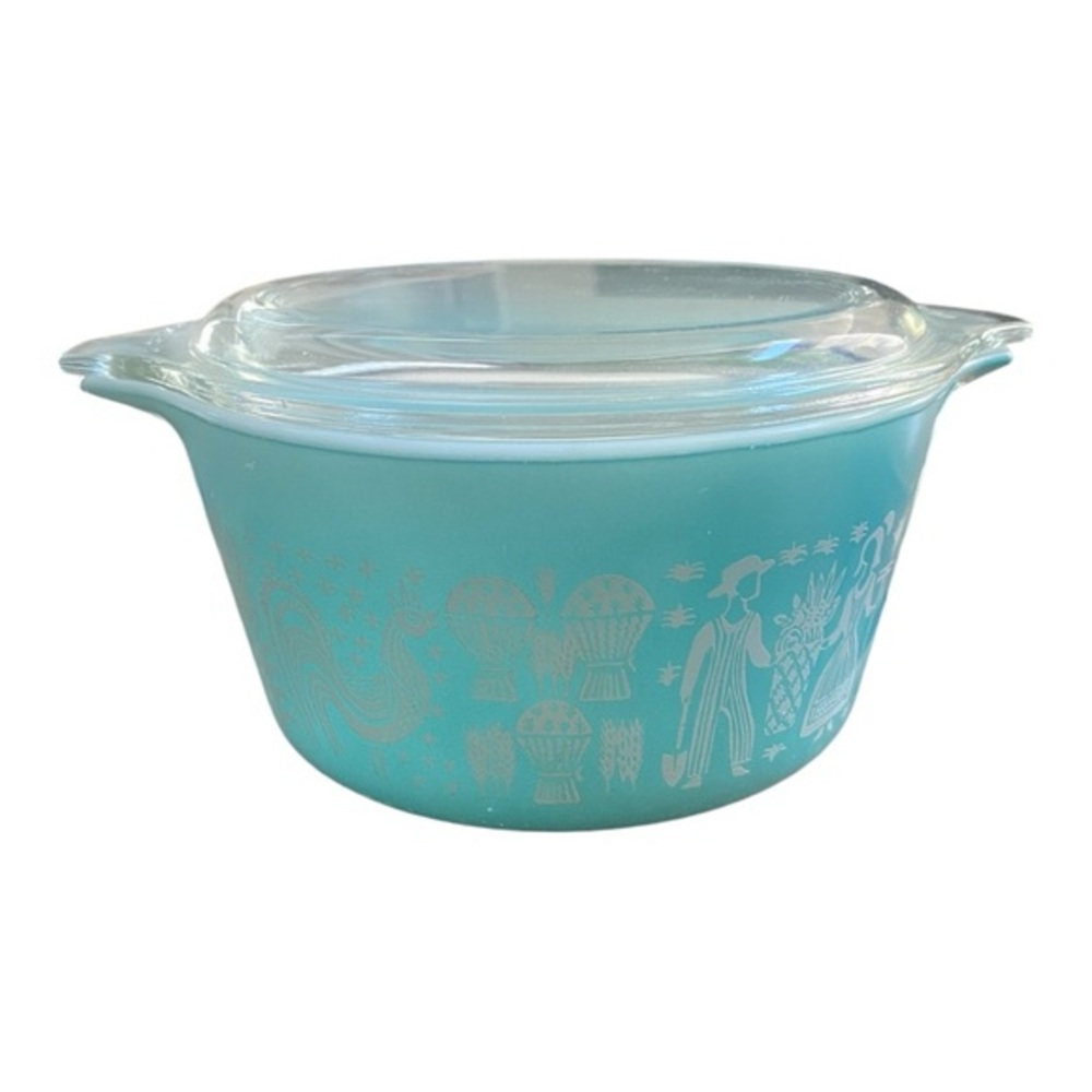 Vintage PYREX Turquoise Amish ButterPrint 1 QT w/Lid.